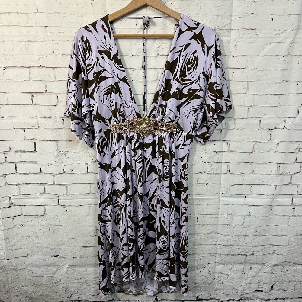 Sky Brand Y2K Silk Dress Sz Large Purple Brown Rhinestone Belt Fairy Flirty NOS